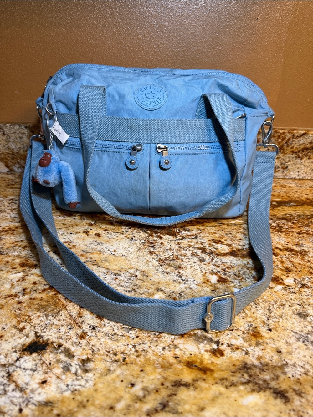 Kipling Sky Blue Nylon Crossbody Bag with Monkey Charm